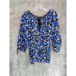 Yumi Kim Silk Blouse Womens Small Floral Vibrant Blue Black Boho Career Peasant